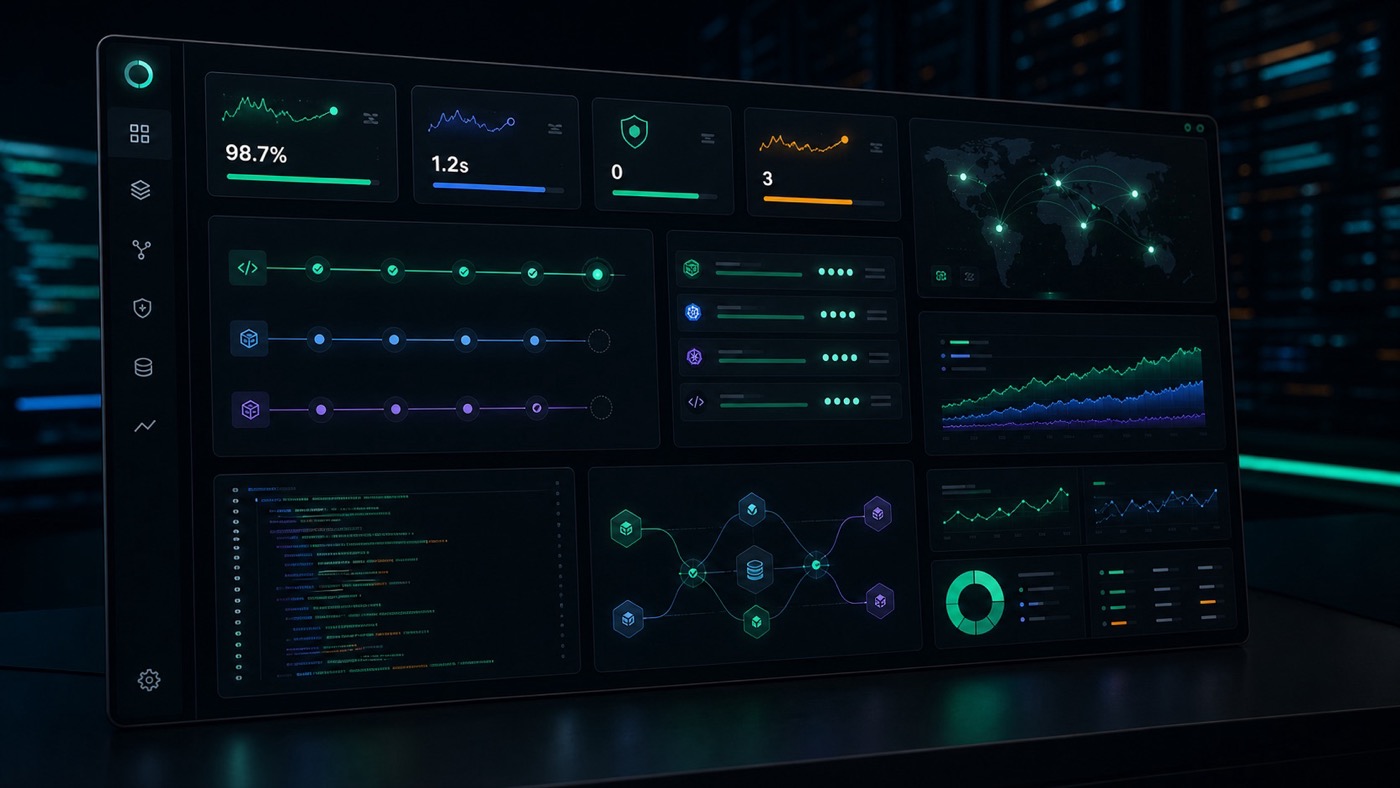 Dark software operations dashboard with deployment, cloud, security, and data pipeline panels